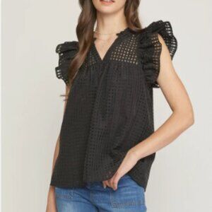 black organza blouse with ruffle sleeves